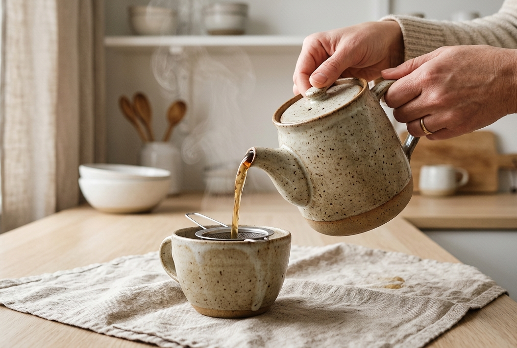 Ręce nalewające herbatę z ceramicznego czajnika